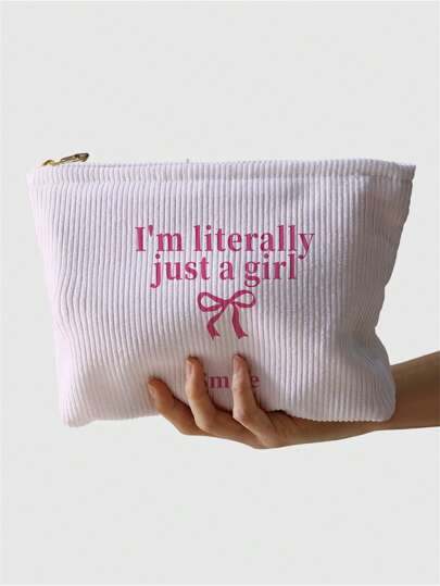 Kawaii 1 pezzo Borsa per cosmetici in flanella con cerniera e motivo "Sono letteralmente solo una ragazza", borsa leggera e multifunzionale per la conservazione dei cosmetici con fodera