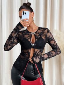 SHEIN Clasi 女士蝴蝶结装饰水钻纽扣上衣，情人节节日 - 黑色 - 查看 4