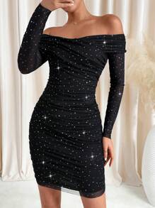 SHEIN Clasi Women's Off Shoulder Long Sleeve Fitted Glitter Rhinestone Dress, New Year Valentines Clothes - Black - View 1