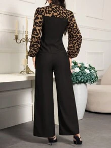 Modelyn 2pcs Women Leopard Print Tie Collar Bishop Sleeve Top And Pants Set - Black - View 3