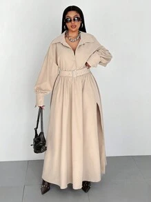 Maweii Vestido camisa informal de manga larga, hombros caídos, talla grande, unicolor para mujeres - Camel - Ver 1