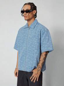 ROMWE MEN Men's Butterfly Print Short Sleeve Zip-Up Casual Denim Jacket - Black - View 7