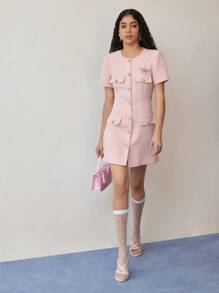 MOTF STUDIO TWEED BUTTON UP DRESS - Pink - View 6