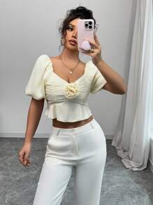 Elenzga Women's Elegant Fashion Date/Holiday Gentle Fairy-Like Ruffle Hem, Floral Decor, Solid Satin Blouse Valentine's Day