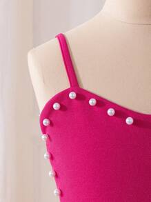 SHEIN 2pcs/Set Tween Girl Cute Short Heart Shape Pearl Decorated Camisole TOP Daily Casual Hanky Hem Mesh Overlay Skirt - Hot Pink - View 5