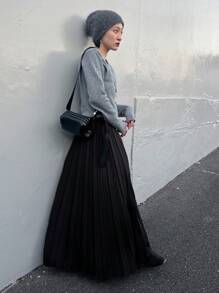 FRIFUL 女士黑色长款A字褶裙 - 黑色 - 查看 2