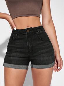 SHEIN PETITE Women's High Waist Pocketed Cuffed Casual Versatile Denim Shorts - Black - View 1