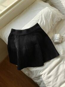 Comfortcana Women's Solid Color Elastic Waist Casual Short Knit Black Skirt In Fall/Winter - Black - View 1