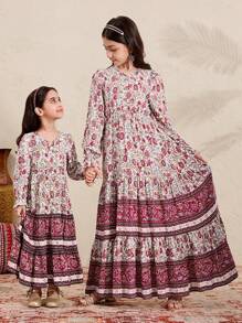 SHEIN Leap Crew Tween Girls Loose V-Neck Long Sleeve Ruffle Cuff Print Long Dress - Apricot - View 1