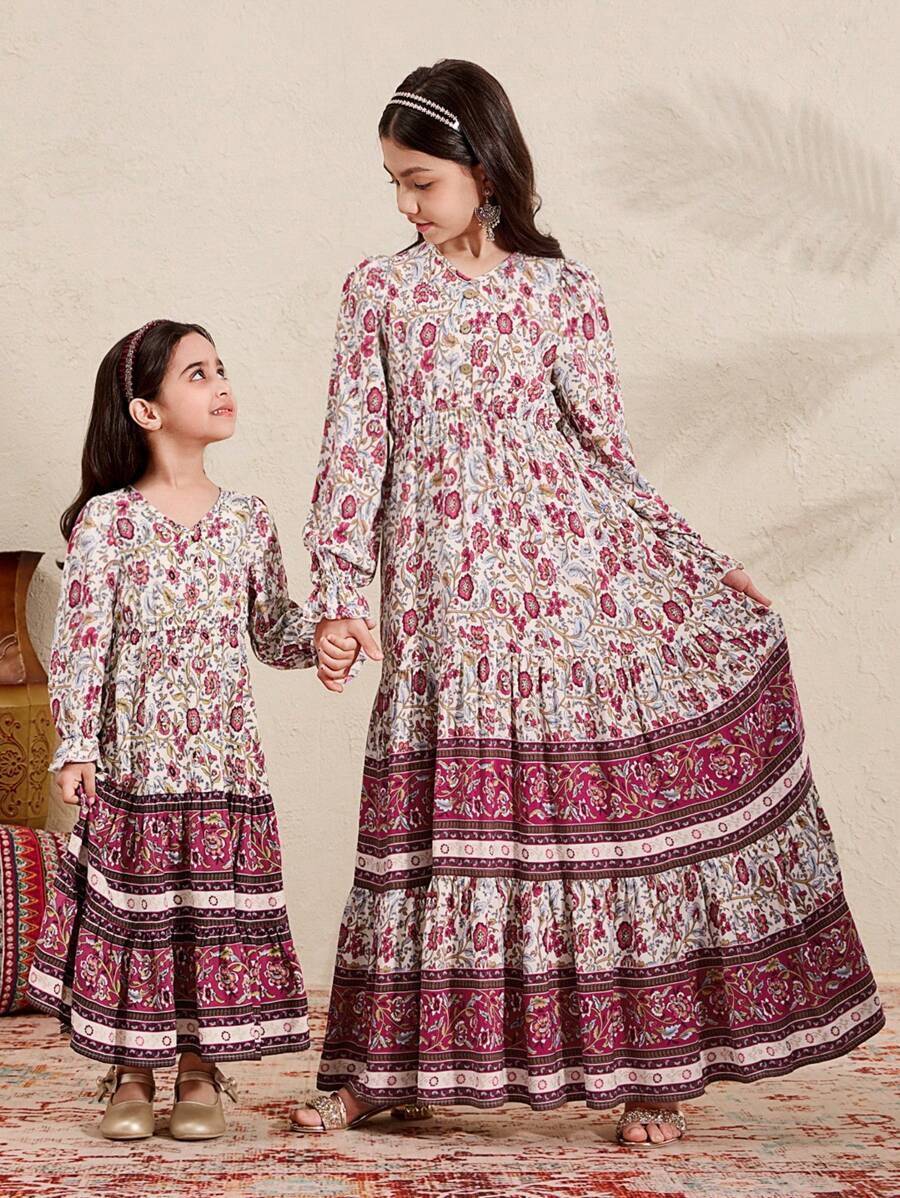 SHEIN Leap Crew Tween Girls Loose V-Neck Long Sleeve Ruffle Cuff Print Long Dress - Apricot - View 1