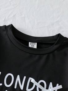 SHEIN Young Girls' Fashion Digital Letter Print Bow Knitted Casual Round Neck Short Sleeve Plain T-Shirt, Summer - Black - View 4