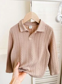SHEIN Kids/Young Boys Casual Korean Style Loose Knitted Collared Pullover Polo Shirt, Suitable For School, Garden, Beach, Birthday, Spring, Summer, Autumn, Winter Seasons - Khaki - View 6