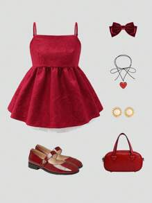 SHEIN Explorewe Jacquard-Unterhemd mit Blumenmuster für Teenager-Mädchen, elegant und locker, bequem, anmutig und weich, geeignet für Freizeit und Urlaub - Rot - Übersicht 6