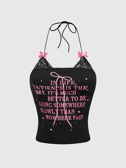 Kawaii Top de camisola con tirantes finos, adornos de encaje y estampado de letras en estilo Y2K