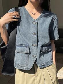 DAZY Chaqueta vaquera de mujer con cuello en V y manga corta