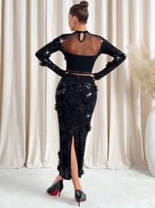 Lavishia Women's Embroidered Mesh Valentine's Day 2pcs Set, Sexy & Elegant Fashion Festival - Black - View 2