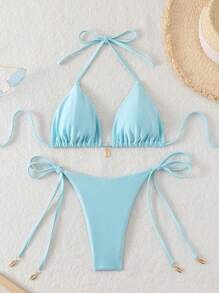 SHEIN Swim Costume da bagno bikini da donna con laccio alla nuca e colori tinta unita, sexy - celeste - Visualizzare 5