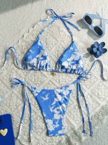Swim Mod 花卉印花露背短款背心和侧系带比基尼套装，夏日海滩度假 - 藍白色 - 查看 2