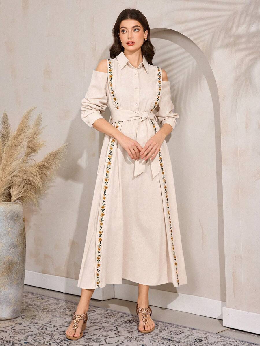 Al Najma Women's Floral Print Off The Shoulder Long Sleeve Elegant Dress - Apricot - View 1