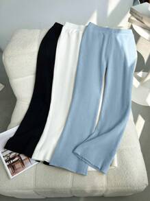 Chiquease 1 件女式高腰条纹针织喇叭裤，弹力修身踝长阔腿裤，秋冬