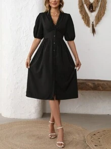 Vestido casual sencillo de mujer con abotonadura frontal de unicolor - Negro - Ver 4