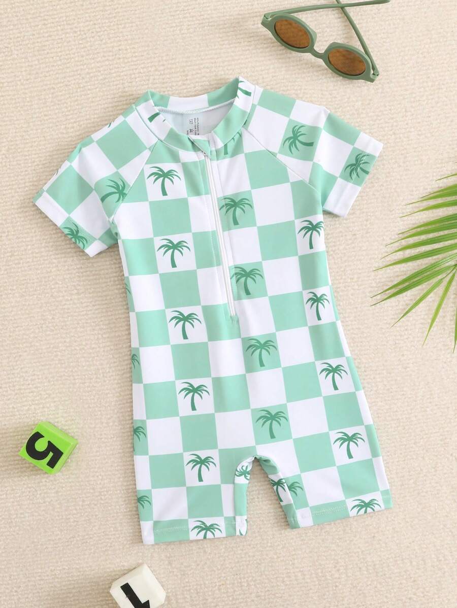 男婴拉链短袖休闲泳衣，简约日常风格 - 彩色 - 查看 1