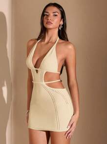 SHEIN BAE 白色露背针织迷你连衣裙、钩针比基尼、性感服装、沙滩女装、波西米亚风、夏季女装 - 杏色 - 查看 6