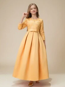 SHEIN 情人节新款少女长袖连衣裙女童公主裙派对连衣裙适合女学生圣诞节新年主持人礼服 - 香檳色 - 查看 5