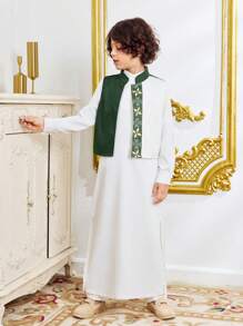 2pcs Set: Tween Boys Floral Print Long Sleeve Robe Shirt With Stand Collar Vest Top