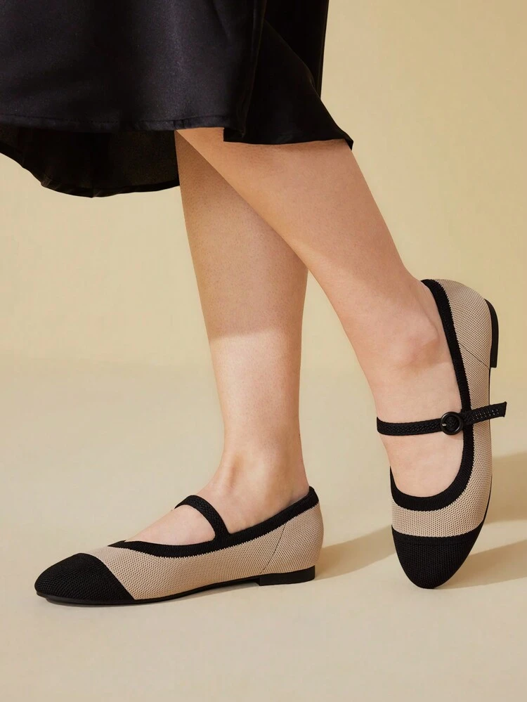 CUCCOO BASICS Women's Fashion Apricot & Black Fabric Splice Mary Jane Flats, Breathable Comfortable Casual Shoes For Commuting, Dating, Party, Holiday For Christmas Spring Shoes