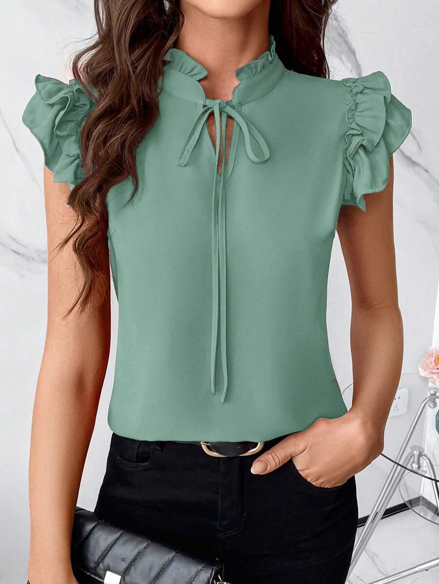 SHEIN Clasi Women's Solid Color Stand Collar Front Tie Ruched Casual Shirt - Mint Green - View 1