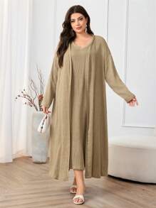 Al Najma Plus Size 2pcs Solid Long Sleeve Cover Up Dress - Khaki - View 3