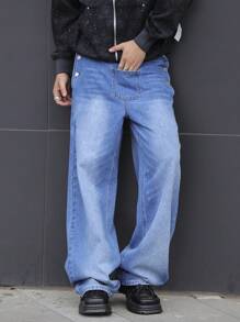 Claim Dot 男式宽松口袋装饰阔腿休闲牛仔裤 - 藍色 - 查看 5