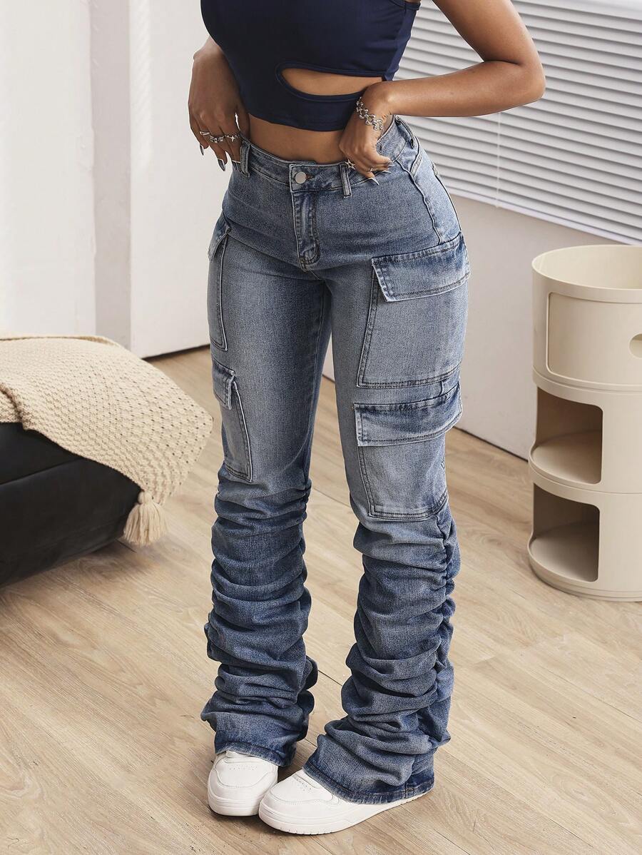 SHEIN ICON Women's Casual Washed Ruched Slim Fit Cargo Jeans - Blue - View 1