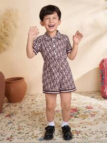 SHEIN Young Boy All-Over Print Half-Button Jumpsuit