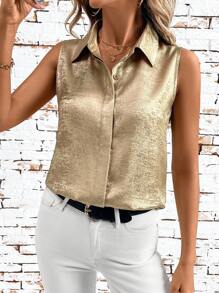 Ellevyn Gold Metallic Coated Sleeveless Fitted Blouse For Women Summer For Women Teacher For Women Business Casual Woman Gold Country Women Summer Women Business Casual - Gold - View 3