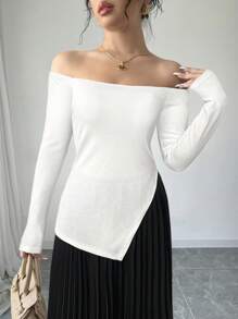 Firerie 女士露肩长袖褶边优雅黑白撞色连衣裙