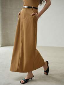 MOTF PREMIUM STRAIGHT SPLIT HEM BELTED SKIRT - Khaki - View 6