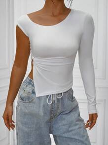 Zolique Camiseta de manga larga casual con cuello redondo y bajo asimétrico de unicolor para mujer