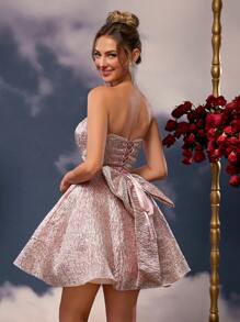 SHEIN Belle 优雅奢华提花缎面露肩露背可拆卸蝴蝶结 A 字裙，婚礼宾客礼服，适合返校节、婚礼、派对、度假、社交活动、派对礼服