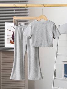 SHEIN Young Girl Daily Soft Round Neck Knitted Solid Color Round Neck Short Sleeve Top With Slight Flared Pants Set - Grey - View 2