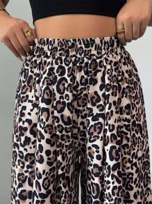 Elenzga Pantalones holgados de cintura alta con estampado de leopardo, pantalones plisados casuales de flujo primavera/verano nuevo