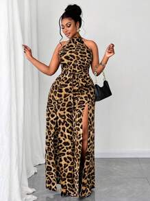 Maweii 大码女式豹纹开衩下摆吊带连体裤