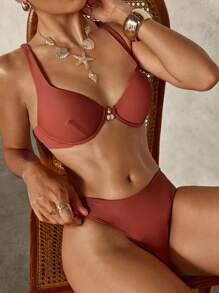 SHEIN Swim Minimalist Solid Color Gathered Bikini Set For Beach Vacation For Summer Beach Vacation - Brown - View 6