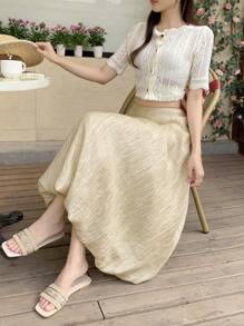 DAZY Damen Maxirock mit hoher Taille, weiter, einfarbiger Bubbelstoff - Khaki - Übersicht 4