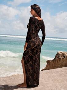 Opulessa Figurbetontes, gestricktes Spitzenkleid mit langen Ärmeln und Schlitz am Rücken für Frauen - Schwarz - Übersicht 2