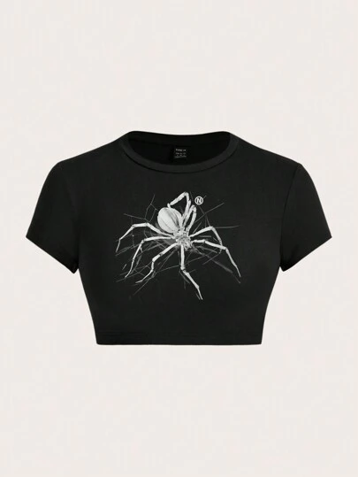 SHEIN ICON 休闲简约图案圆领短袖短款修身女式 T 恤