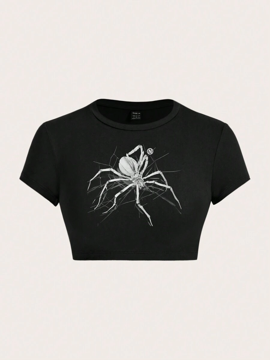 SHEIN ICON 休闲简约图案圆领短袖短款修身女式 T 恤 - 黑色 - 查看 1