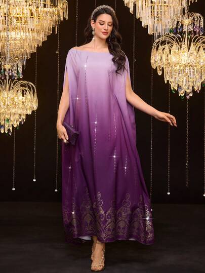 Al Najma Women Ombre Color Loose Batwing Sleeve Round Neck Arabic Style Dress, Luxury Evening Dress Arabian Dresses