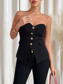 SHEIN Lavishia Women Gold Flower Button Decor Strapless Top Spring - Black - View 5